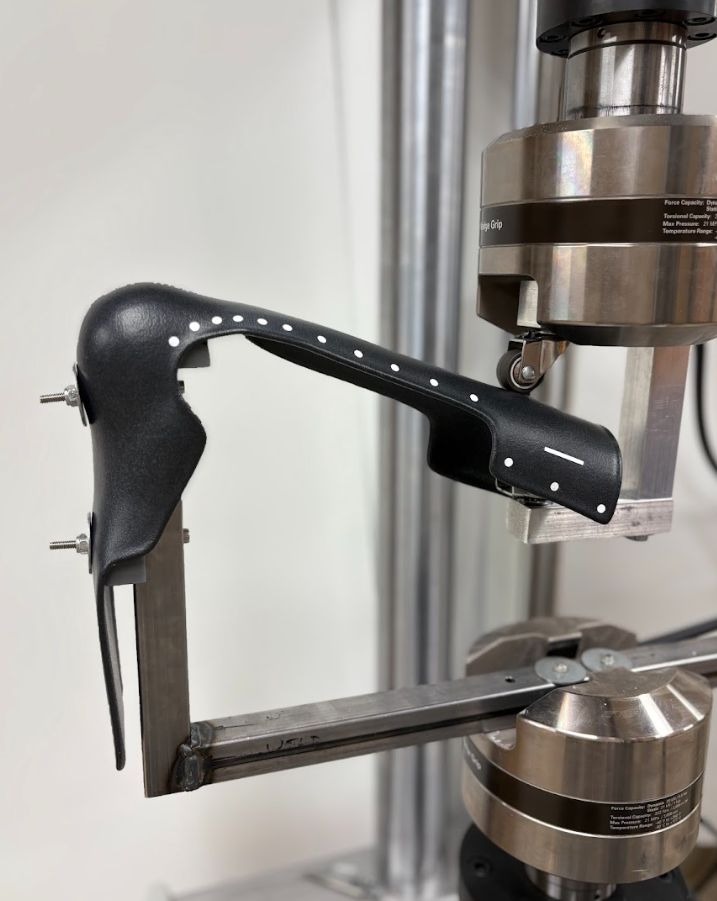 MJF-printed AFO mounted in the MTS machine on the custom L-bar test rig